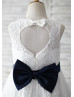 Ivory Lace Navy Blue Bow Heart Hole Back Flower Girl Dress 